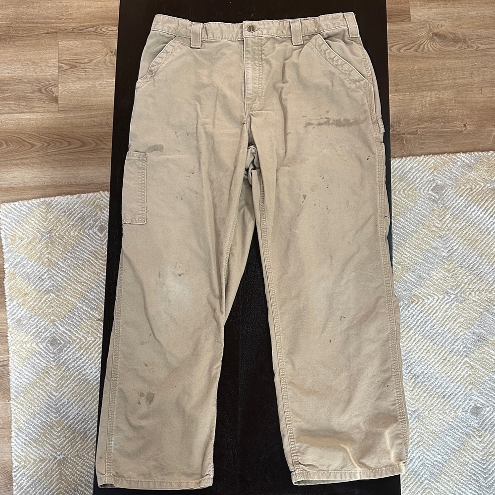 Carhartt distressed stained canvas carpenter work pants